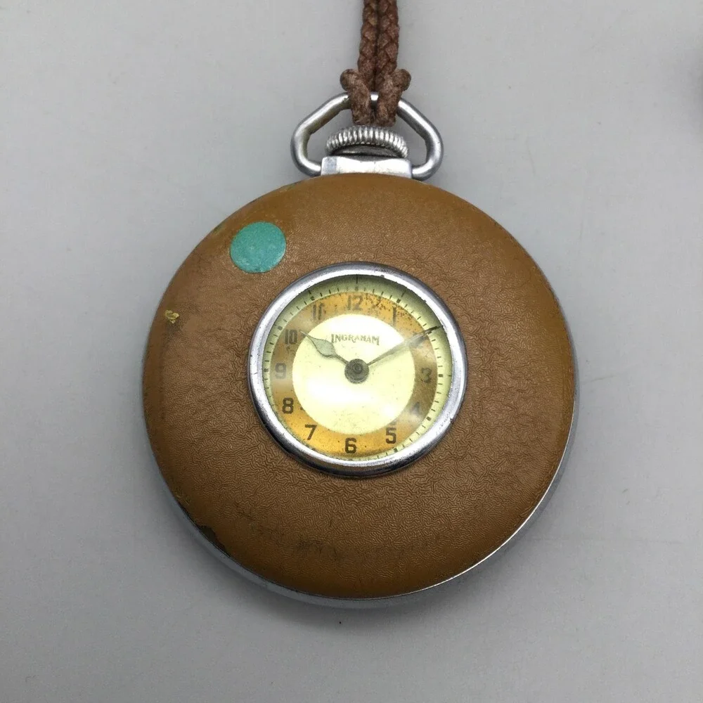 Vintage Ingraham The E Pocket Watch Leather 50mm Monogram AWB Manual Wind